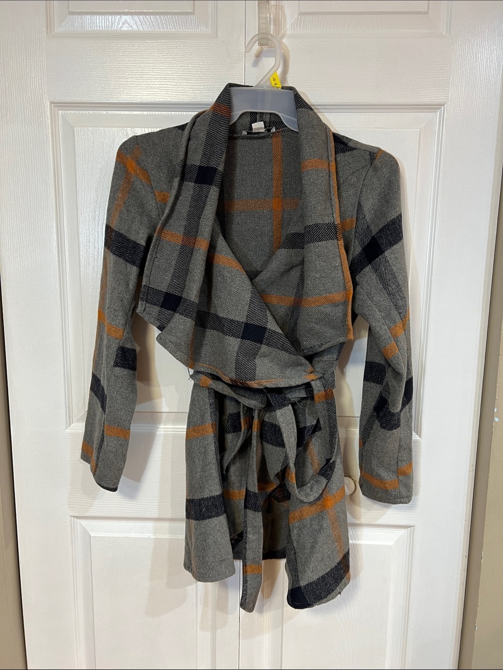 FAVLUX Gray Plaid Wrap Trench Coat with Orange Trim